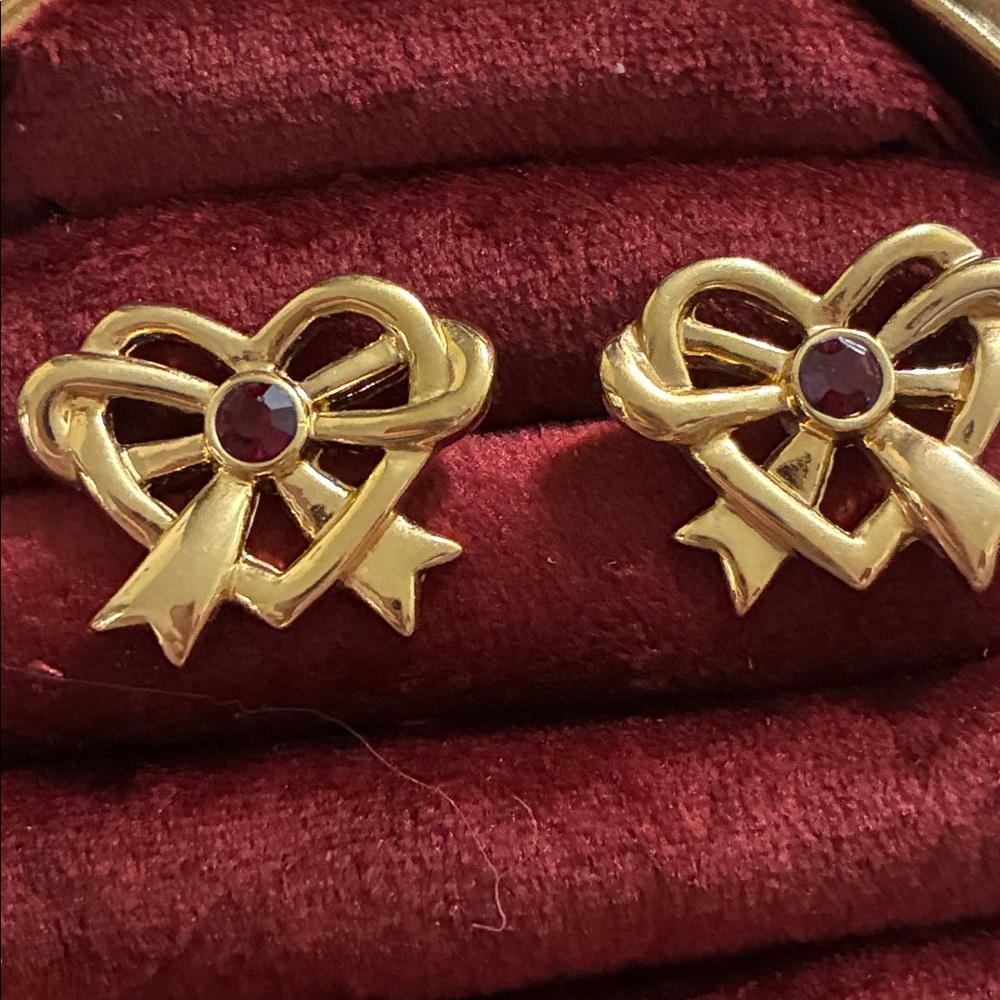 D’Orlan Gold Heart Bow Ruby Rhinestone Accented Earrings - Picture 2 of 5